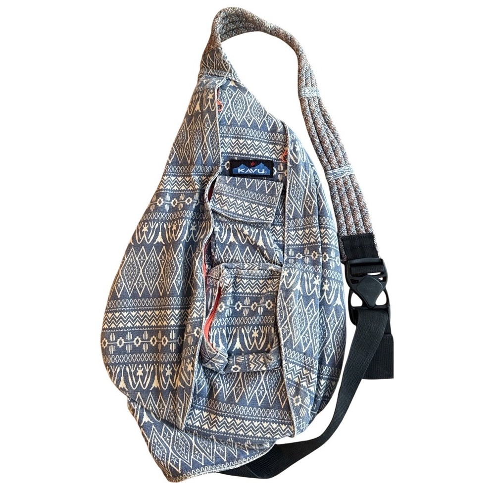 KAVU Rope Sling Bag Out Foxed Blue Geometric Aztec Crossbody Backpack Read
